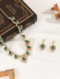 Shein - 3pcs Set Green Glass Water Drop Peacock Crystal Women Earrings & Necklace Wedding Jewelry