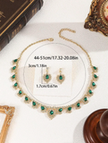 Shein - 3pcs Set Green Glass Water Drop Peacock Crystal Women Earrings & Necklace Wedding Jewelry