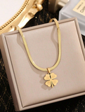 Shein - Luxury 1pc Clover Jewelry Set For Women - 18K Golden Plated Stainless Steel Necklace And Earrings Set