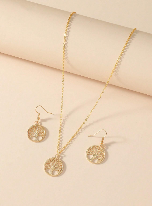 Shein - 1set Tree Of Life Pendant Necklace And Earrings For Women