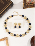 Shein - 3pcs/Set Vintage Round Wave Patterned Navy Blue Crystal Jewelry Set