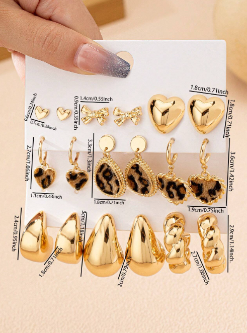 Shein - 9 Pairs Minimalist Heart Bow Stud Earring , Leopard Print Dangle Earrings