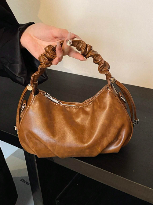 Shein - A Brown Pu Elegant Simple Retro Style Pleated Twist Drawstring Zipper Hand-Held Crescent Bag