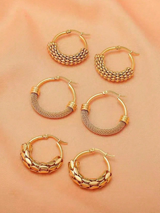 Shein - 6pcs 18k Gold Plated Titanium Steel Exaggerated Oval U-Shaped Hoop Earrings