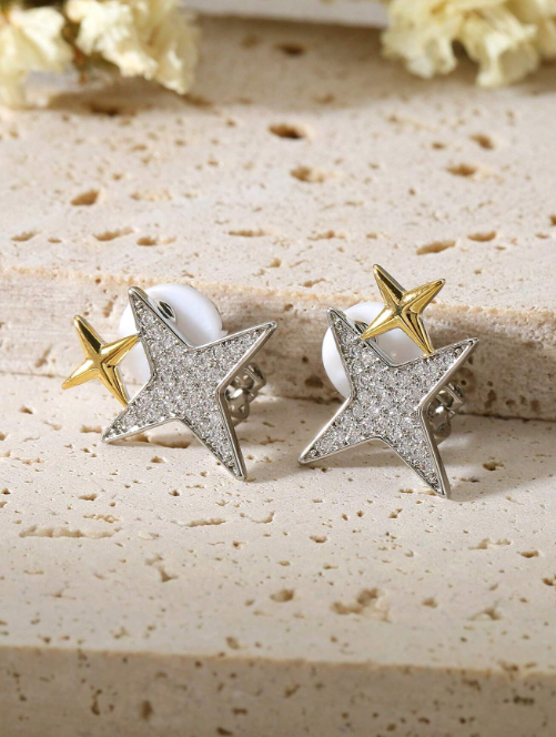 Shein - 2 Pieces Of Delicate Temperament, Shiny Stars, Zirconia Earrings