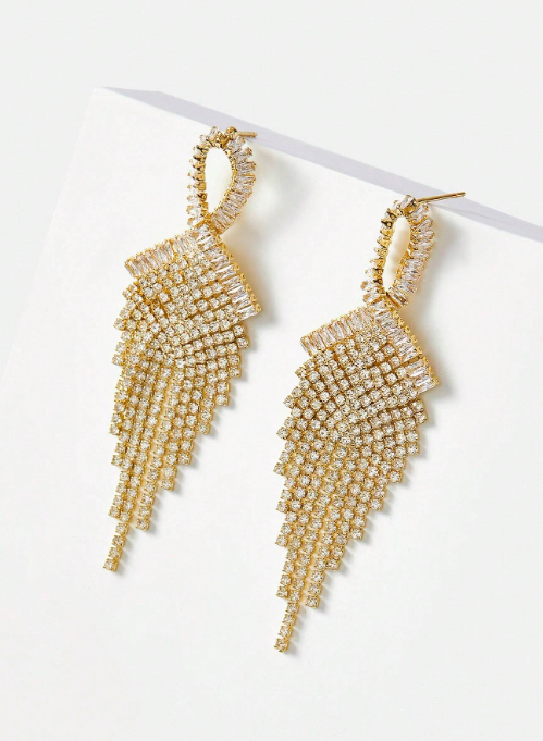 Shein - Motf Premium 18K Gold Plated Zirconia Inlaid Tassel & Rhinestone Elegant Earrings