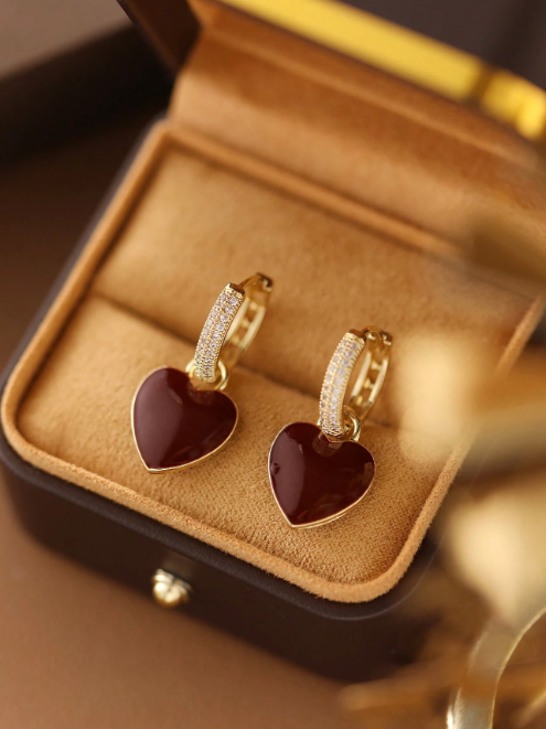 Shein - 1 Pair Classic Vintage Copper Alloy Gold Plated Micro-Inlaid Rhinestone Heart Hoop Earrings