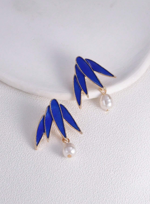 Shein - 1 Pair Chinese Style Bamboo & Pearl Earrings, High-End Niche Design Blue