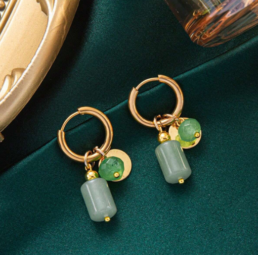 Shein - 1 Pair Of Delicate Retro Women Retro Green Natural Stone Charm Fashion Waterproof Jewelry Hoop Earrings