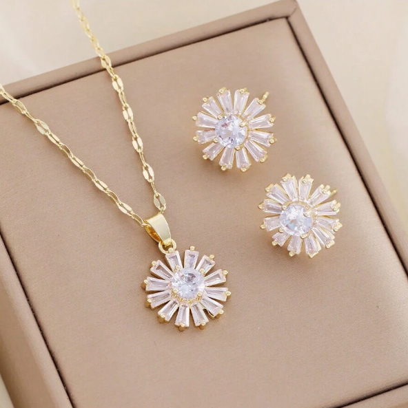 Shein -  1-3pcs 316L Stainless Steel Daisy Flower Zirconia Necklace And Earring Jewelry Set