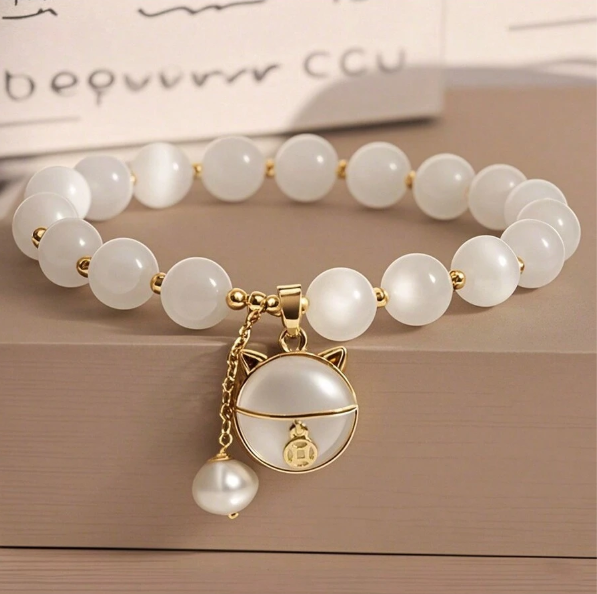 Shein - A Piece Of Fashionable Opal String Fortune Cat Bead Bracelet