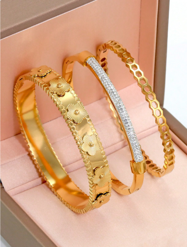 Shein - 3pcs 18K Gold Plated Stainless Steel Bangle Bracelets For Women