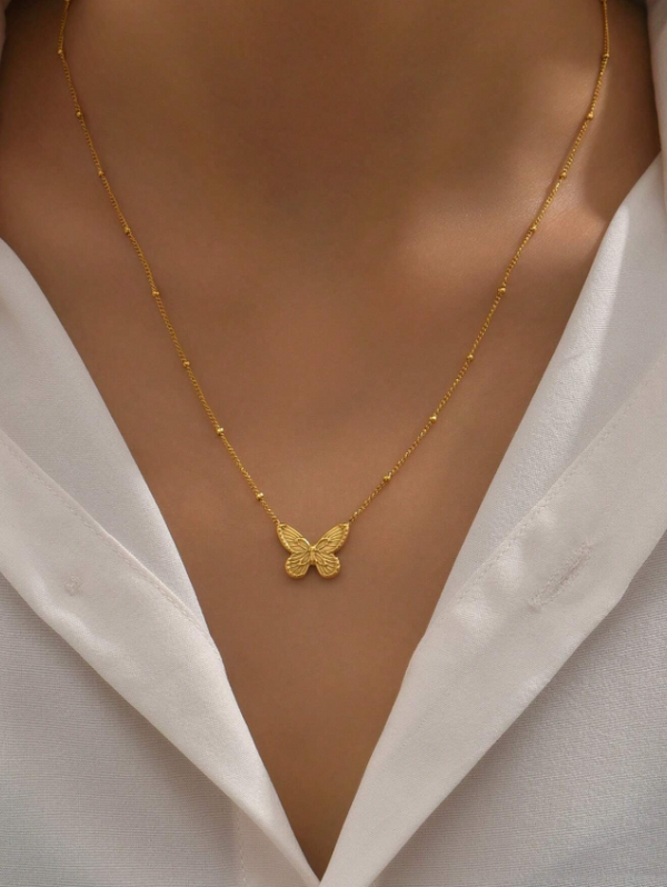 Shein - 18k Gold Plated 1pc Bow Ring Butterfly Gold Color Stainless Steel Necklace