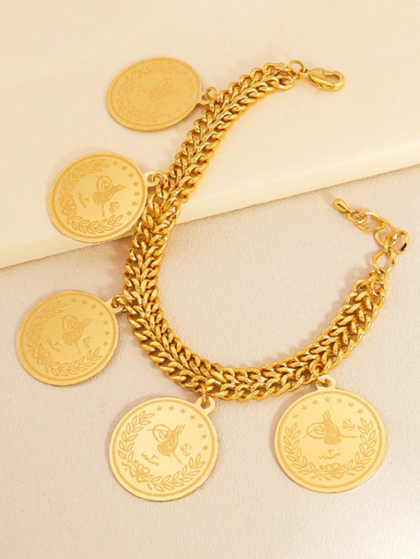 Shein - 1pc Gold Coin Bracelet Double Chain Bracelet Suitable For Men And Women