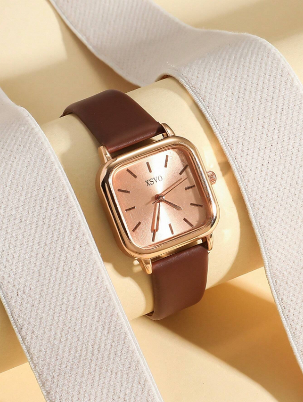 Shein - 1pc Women's Elegant Fashion Bar Scale Dial Leather Strap Quartz Watch