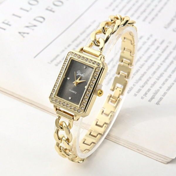 Shein - 1pc Square Crystal Dial Webbing Strap Bracelet Watch