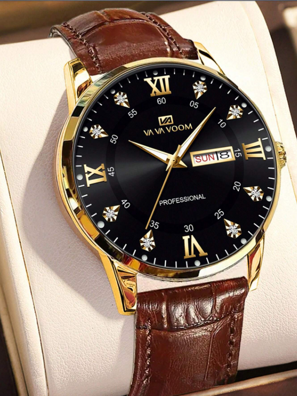 Shein - VA VA VOOM 1pc Business Men's Watch Brown Strap With Calendar