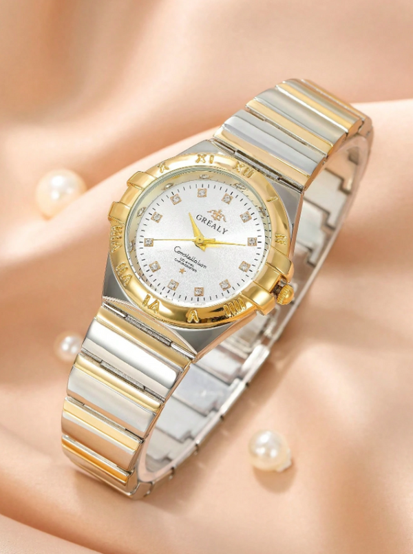 Shein - 1pc Women's Fashionable Minimalist Versatile Luxury Rhinestone Stainless Steel Quartz Watch