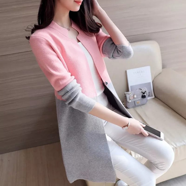 VYBE - Double Color Women Cardigan Casual Coat - Pink & Grey