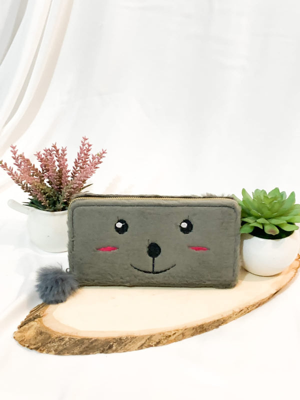 The original Girl Shein Pom Pom  Embroidery Fluffly Long Wallet Clutch Grey