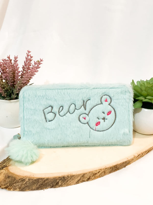 The original Girl Shein Pom Pom  Embroidery Fluffly Long Wallet Clutch Grey Bear