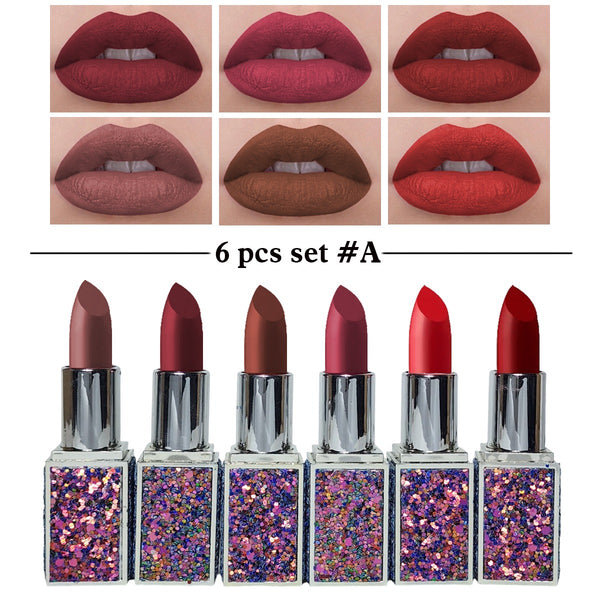 Heng Fang - 6pcs Glitter Matte Finish Casing Matte Lipstick Set A