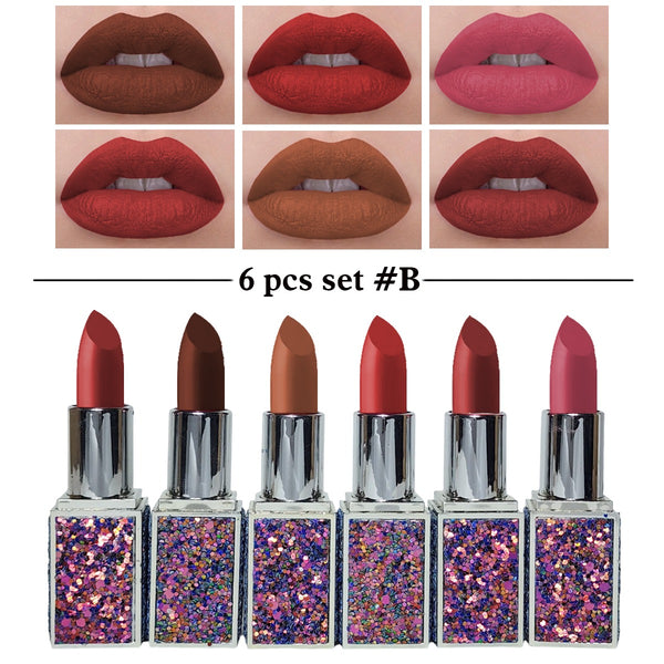 Heng Fang - 6pcs Glitter Matte Finish Casing Matte Lipstick Set B