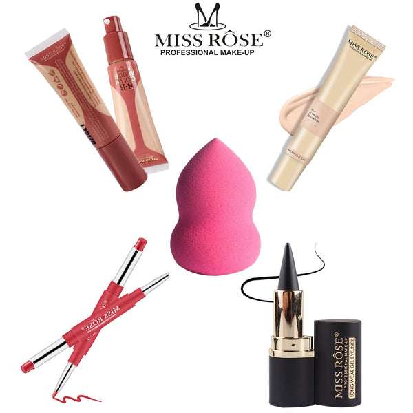 Miss Rose - Pack of 5 amazing Deal ( Lip Liner Liquid Foundation-Concealer-Eye Liner Gel-Blender) Fair