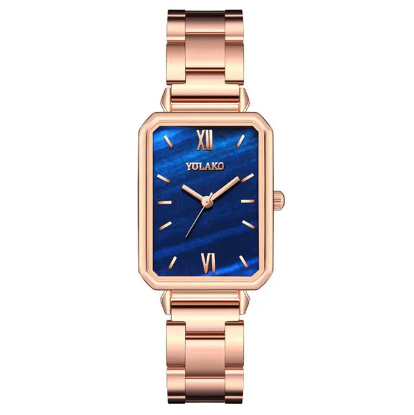 Bindas Collection Rectangle Marble Dial Roma Ladies WatchesRose Gold Stainless Steel Quartz Wrist Watches-Gold Blue