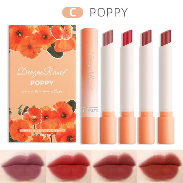 Dragon Ranee - 4 In 1 Creative Pure & Flawless Love Cigarette Waterproof Moisturizing Matte Lipstick Set C Poppy