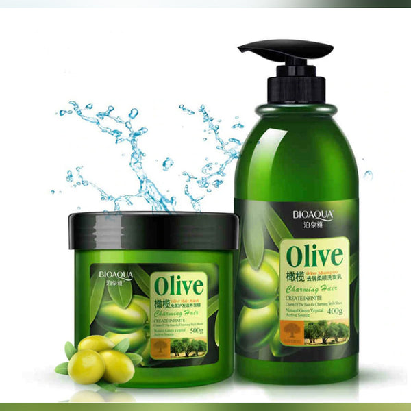 2 Pcs Bioaqua Olive Oil Shampoo / Anti-Dandruff Mask Olive Oil Shampoo Restores Damaged Hair Deeply Nourishes All Hair Types Color 500g + 400ml.