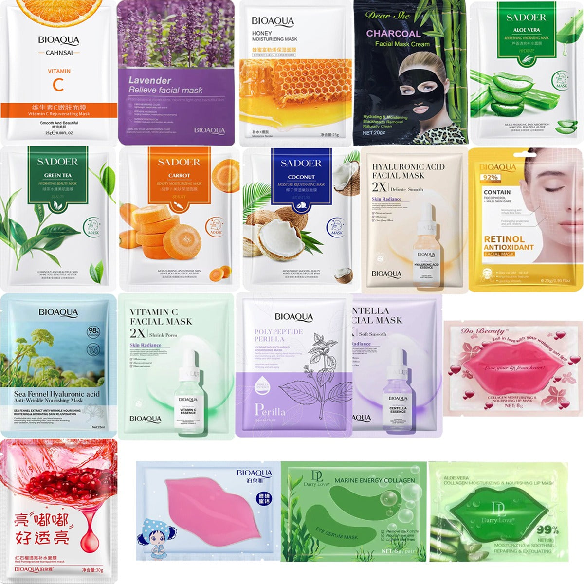 BIOAQUA Pack of 15 Moisturizing Facial Face Sheet Mask & Hydrating, Mo ...