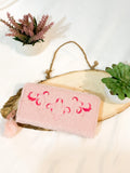 The original Girl Shein Pom Pom  Embroidery Fluffly Long Wallet Clutch Floral Pink