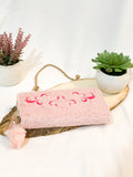 The original Girl Shein Pom Pom  Embroidery Fluffly Long Wallet Clutch Floral Pink