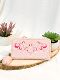 The original Girl Shein Pom Pom  Embroidery Fluffly Long Wallet Clutch Floral Pink