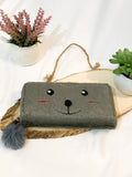 The original Girl Shein Pom Pom  Embroidery Fluffly Long Wallet Clutch Grey