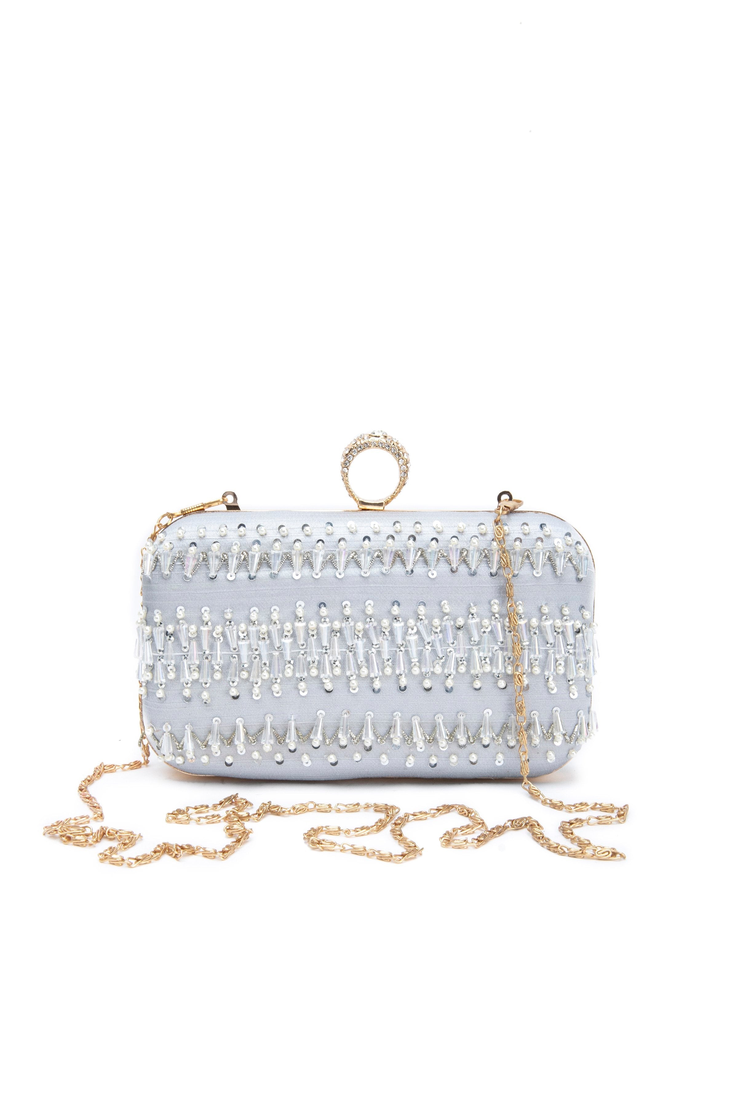 Sapphire Satin Embellished Clutch Silver