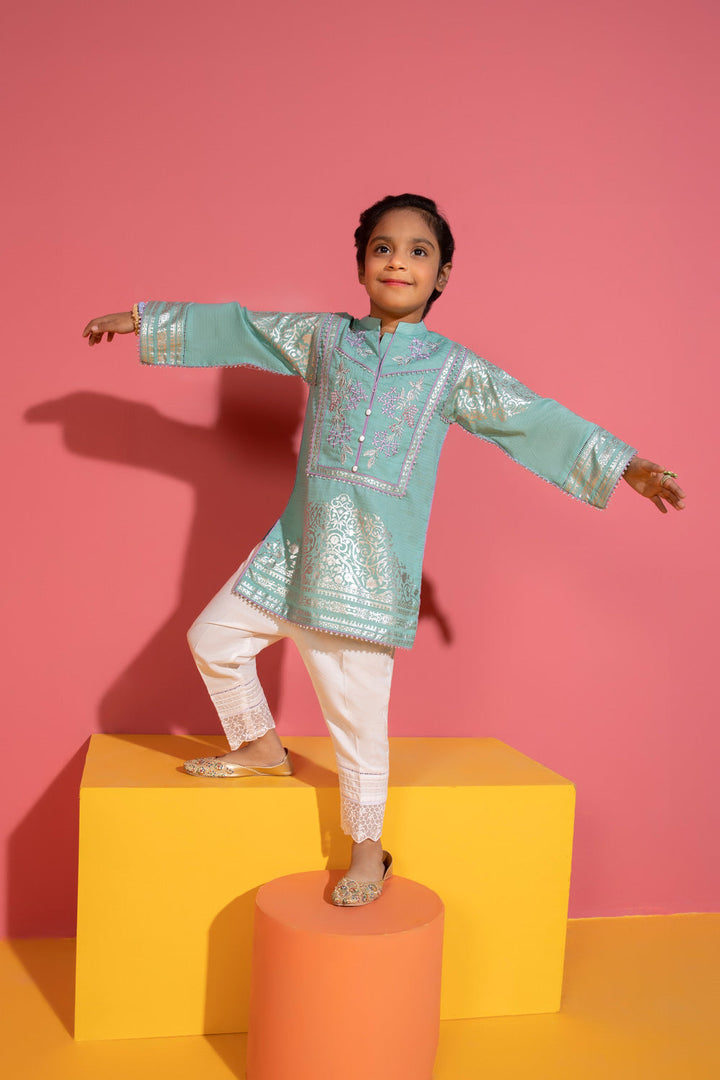 Kids Aqua Embroidered Dobby Kurta