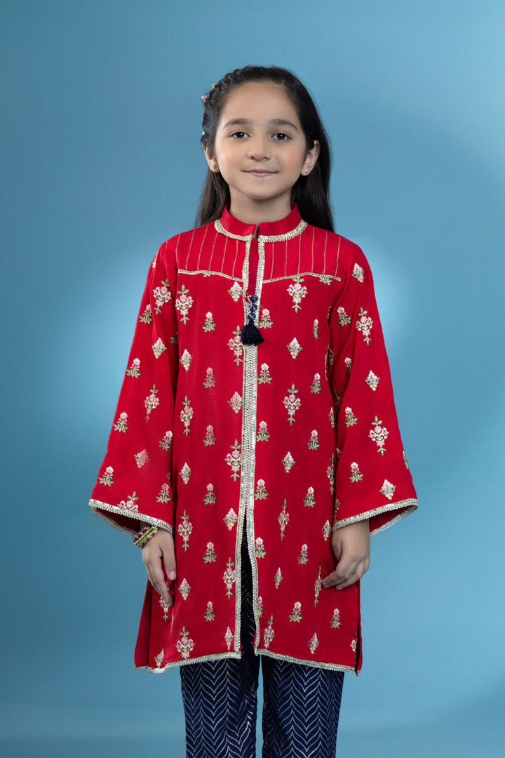 Kids Red 2 Piece - Embroidered Raw Silk Suit