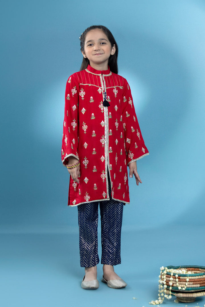 Kids Red 2 Piece - Embroidered Raw Silk Suit