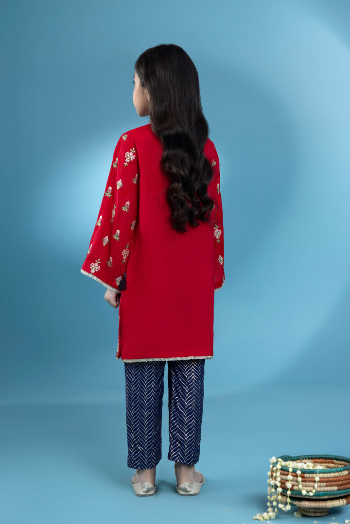 Kids Red 2 Piece - Embroidered Raw Silk Suit