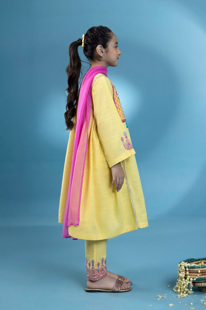 Kids Yellow 3 Piece - Embroidered Zari Khaddar Suit