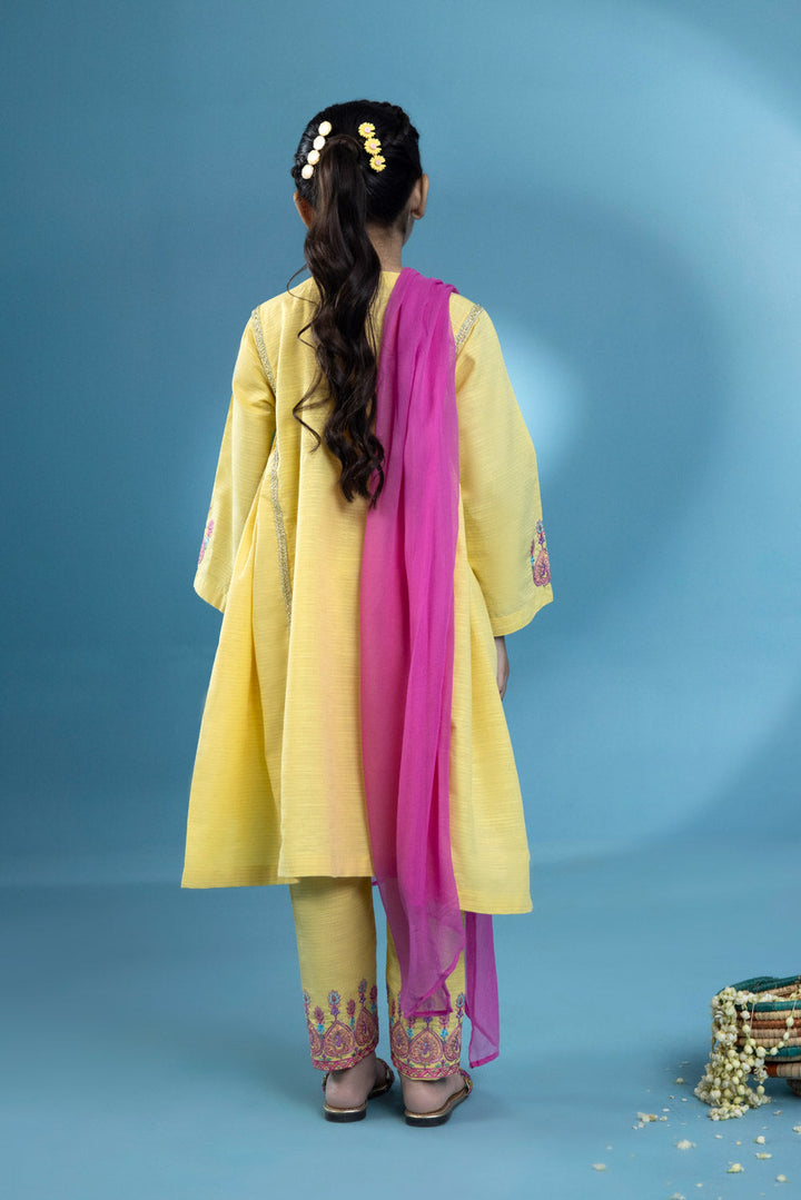 Kids Yellow 3 Piece - Embroidered Zari Khaddar Suit