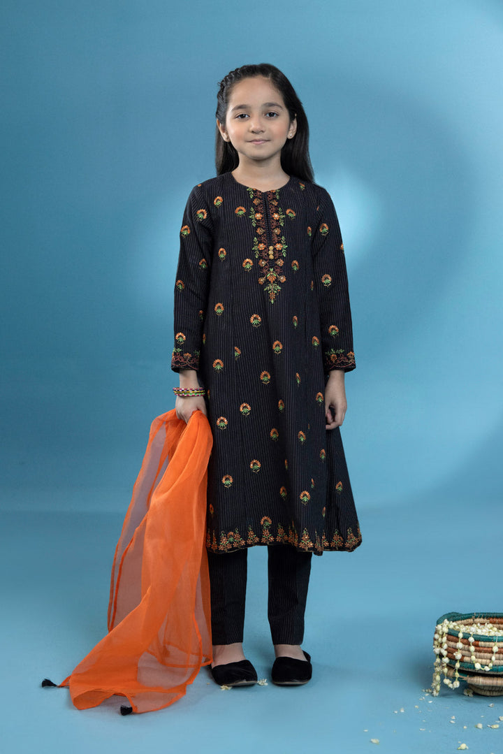 Kids Black 3 Piece - Embroidered Zari Khaddar Suit