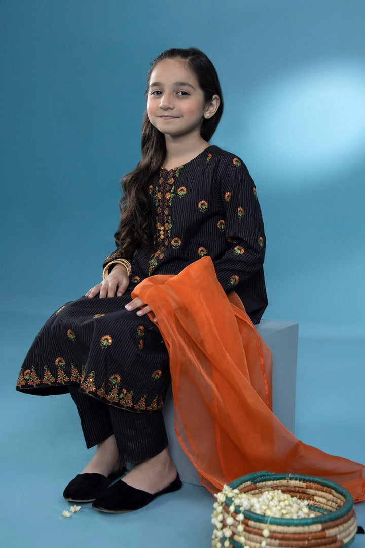 Kids Black 3 Piece - Embroidered Zari Khaddar Suit