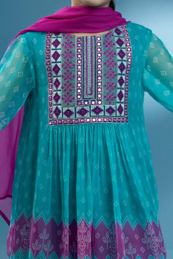 Kids Blue 3 Piece - Embroidered Chiffon Suit