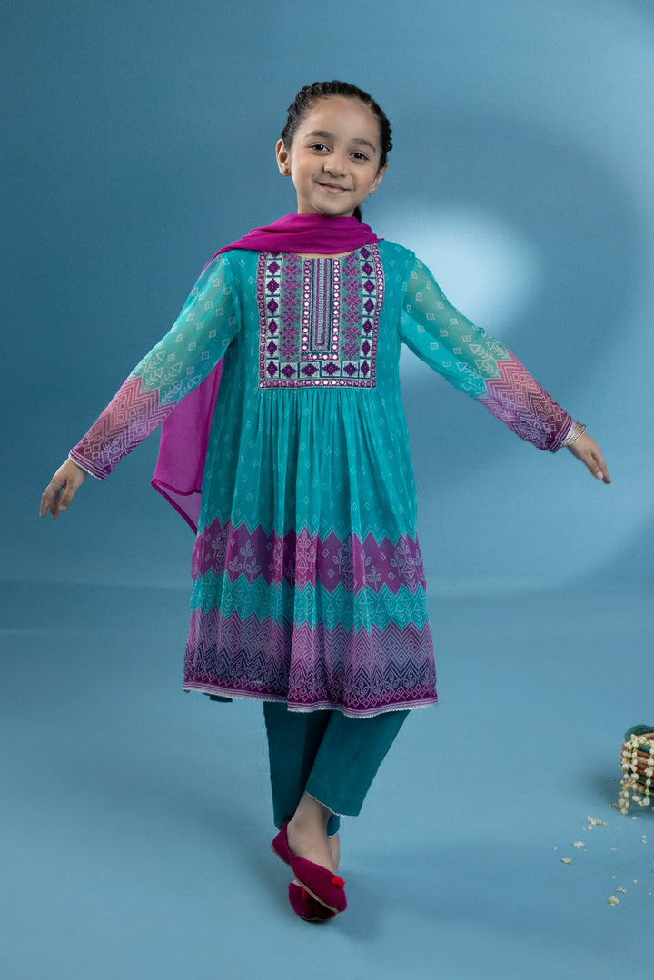 Kids Blue 3 Piece - Embroidered Chiffon Suit