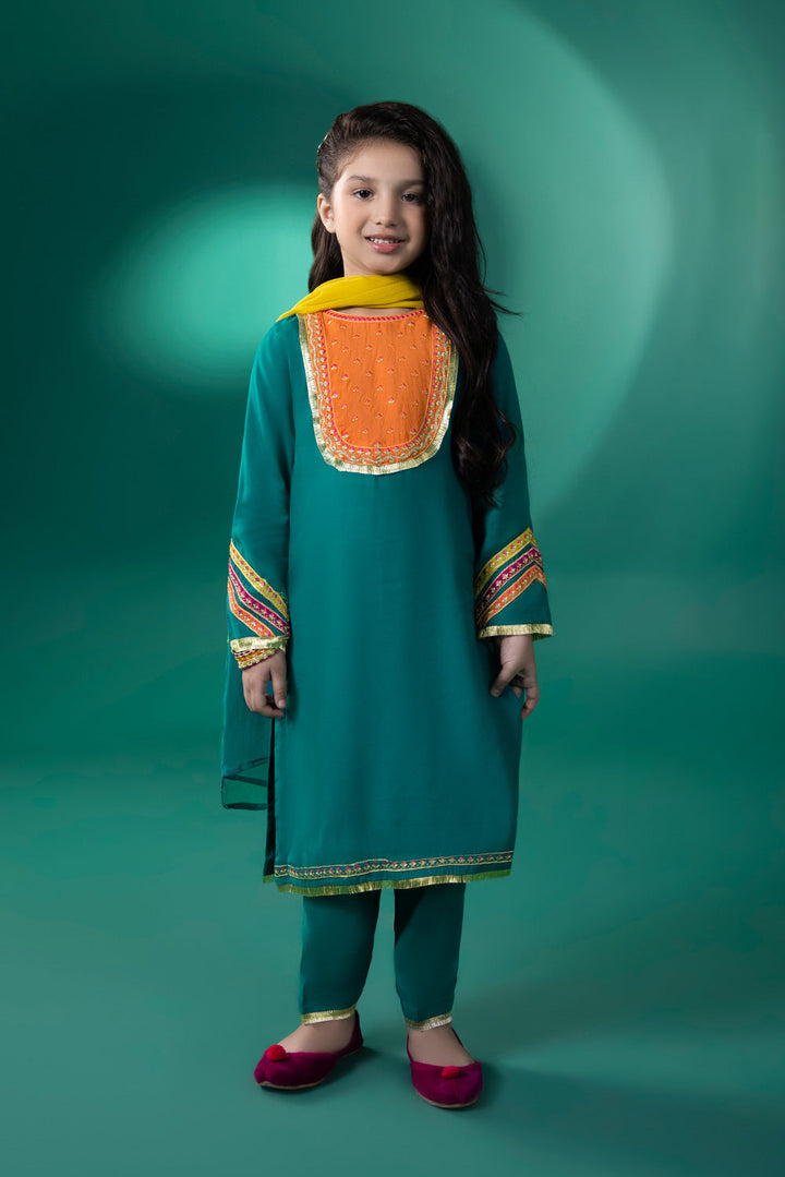 Kids Teal 3 piece - Embroidered Raw silk Suit 0002293PGSF3