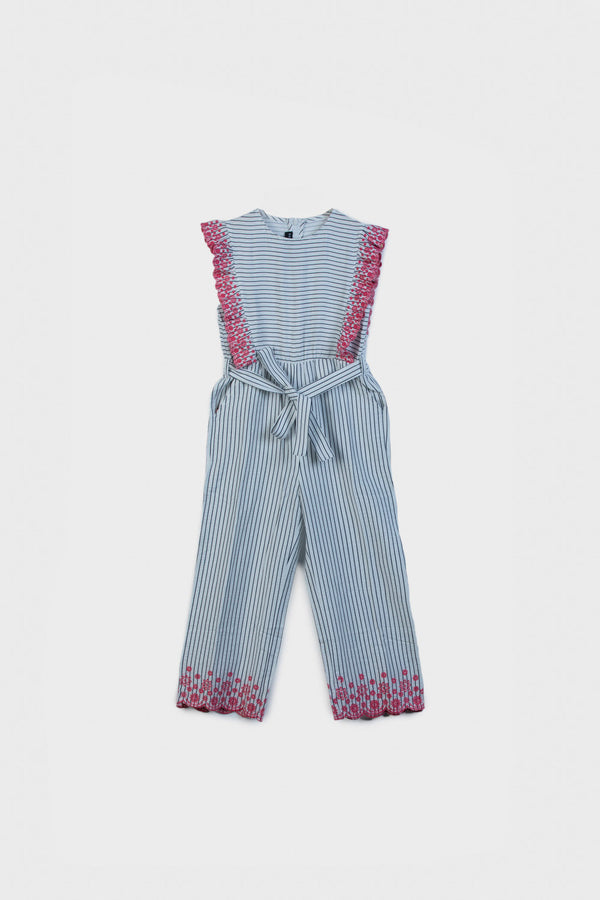 Girls White & Blue Jumpsuit