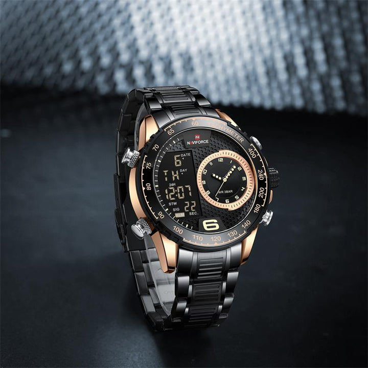 Naviforce- NF9199 Double Display Men's Watches Sports Waterproof Quartz Wristwatch Rose Gold Black